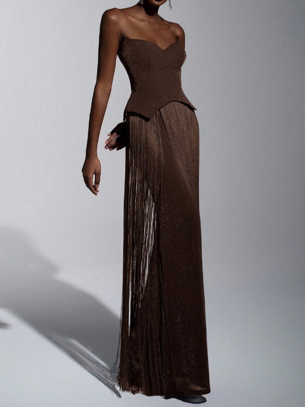 Brown Elegant Women's Glitter Knit Off-Shoulder Tassel Bodycon Dress